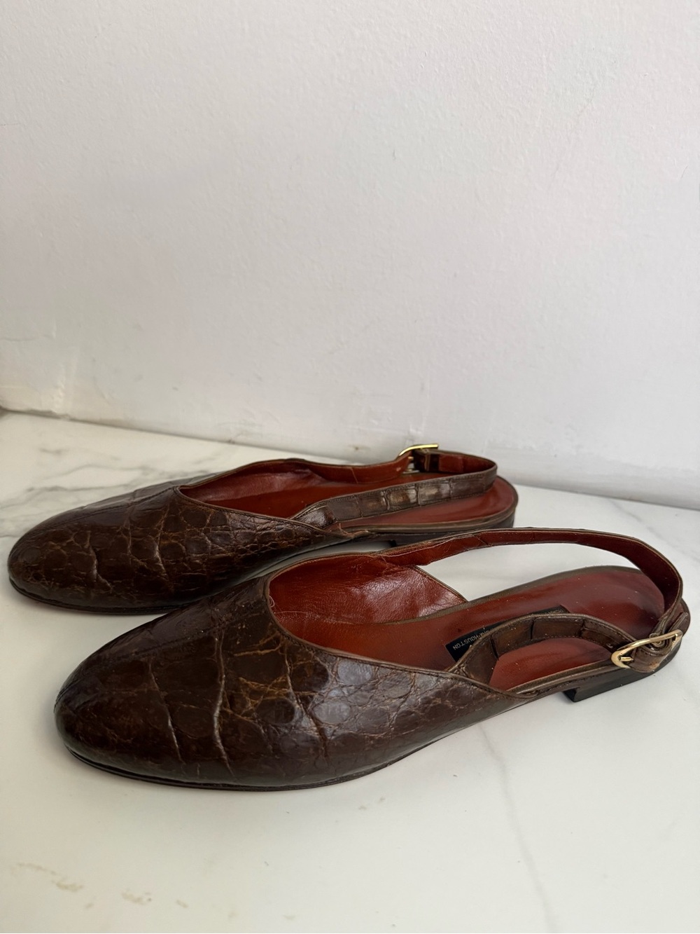 Vintage 1980s Mariolo Brown Exotic Leather Slingback Flats